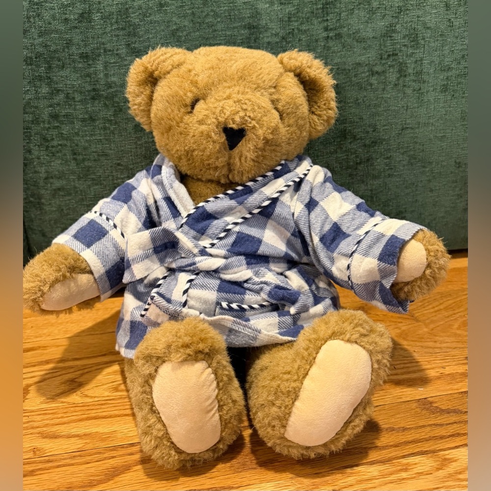 Vermont Teddy Bear Company 16” Plush Bear with Navy Checkered Plaid Bath Robe